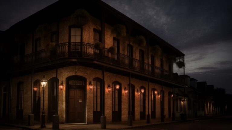 A historic New Orleans building at night, showcasing the eerie atmosphere of haunted hotels with lantern light