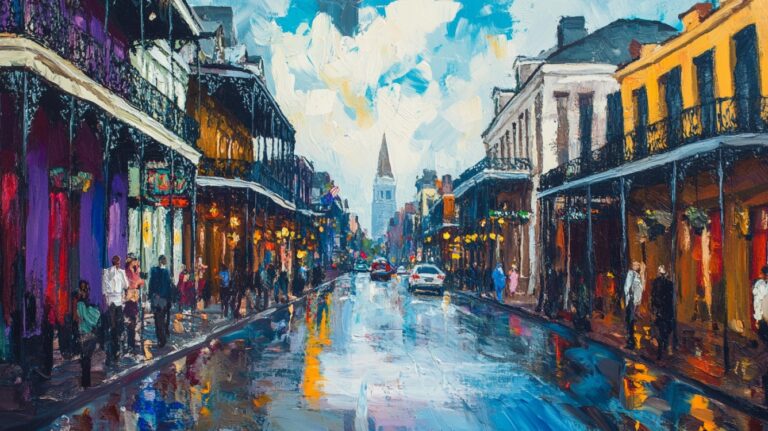 Colorful painting of a rainy street in New Orleans with historic buildings and crowds