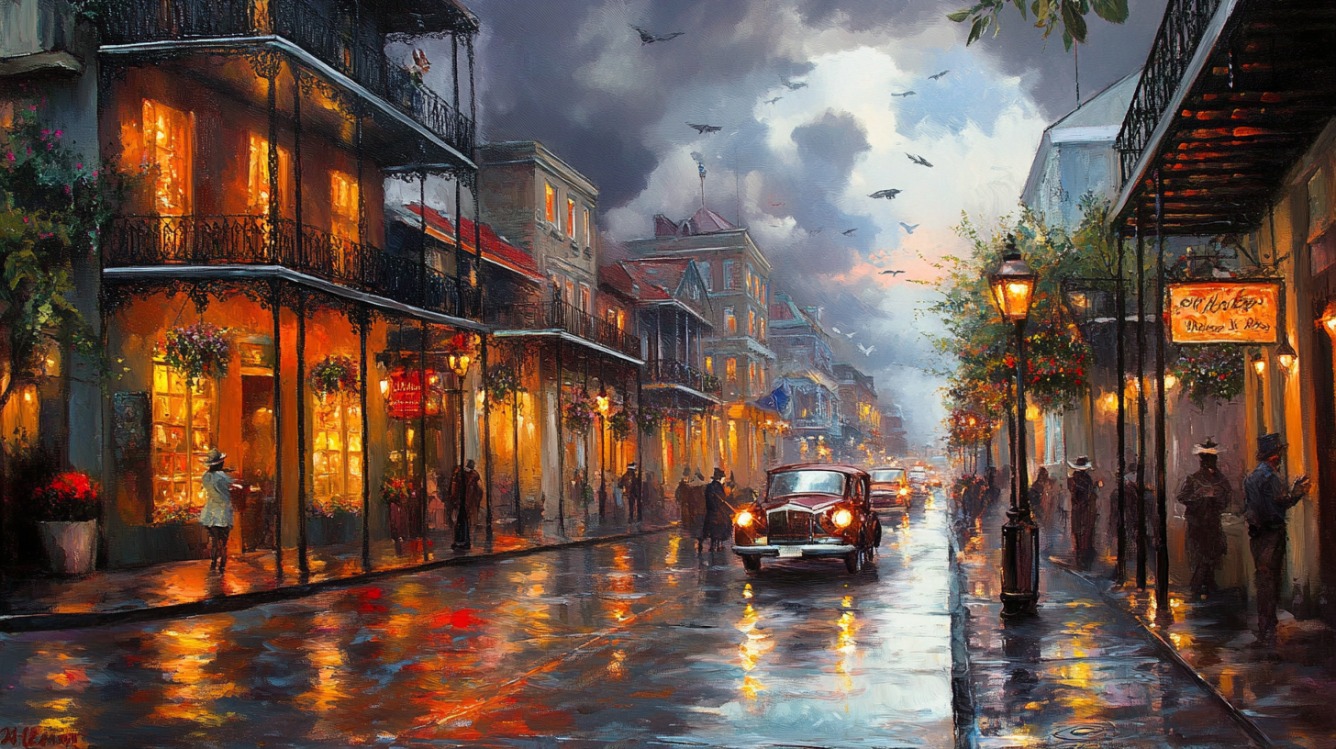 A rainy evening street scene in New Orleans with glowing shop lights, vintage cars, and people walking under balconies