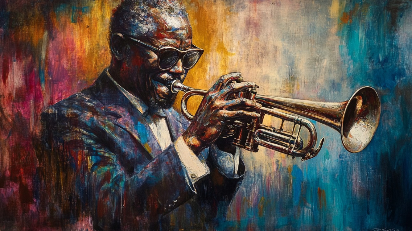 Colorful painting of a jazz musician playing trumpet with expressive energy
