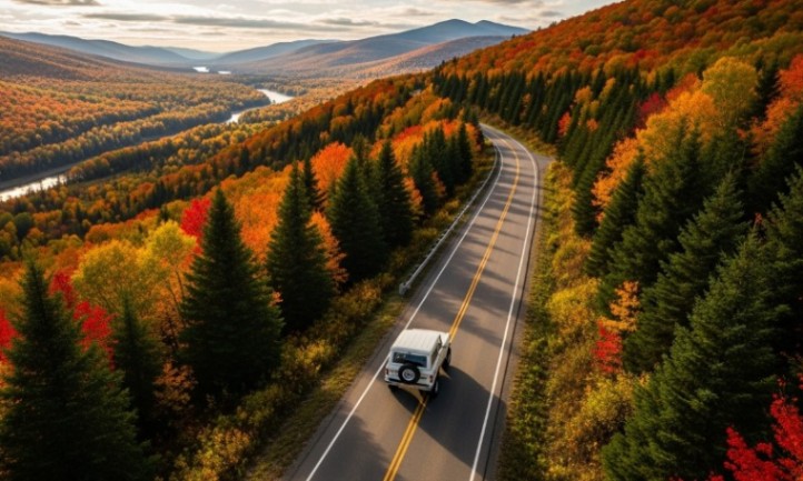 Aerial view of a white SUV driving down a winding road bordered by vibrant fall foliage and dark green pine trees