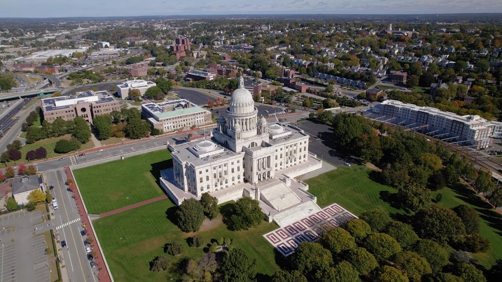 Aerial view of the Rhode Island State House and surrounding neighborhoods in Providence