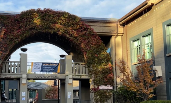 The entrance of a Haas building featuring a prominent large archway