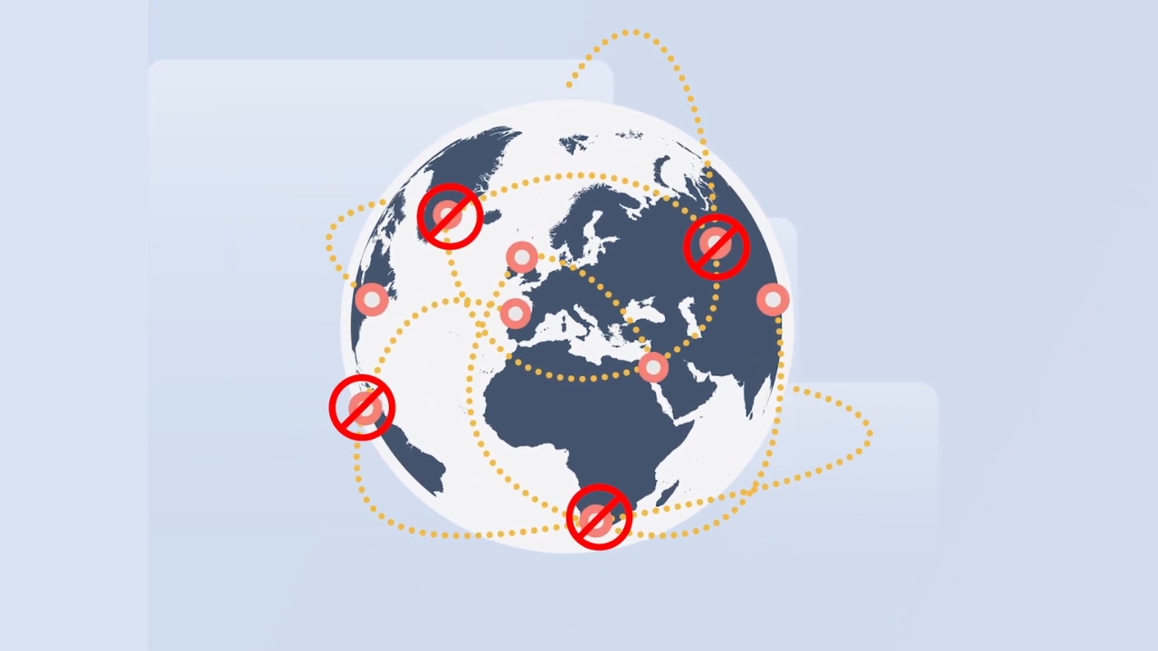 World map with blocked location icons and connection routes showing restricted access across regions