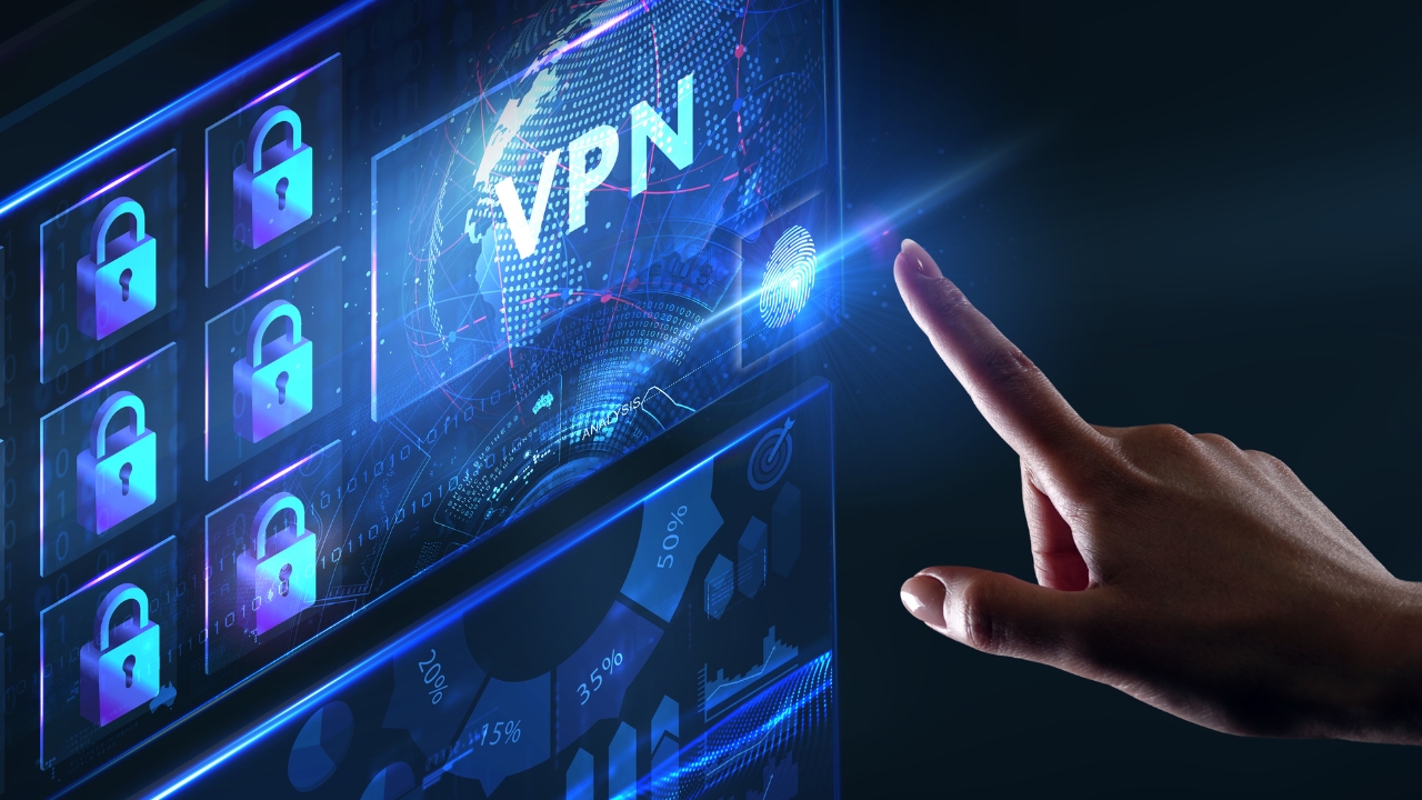 Hand pointing at a digital VPN interface with lock icons and data graphics on a screen
