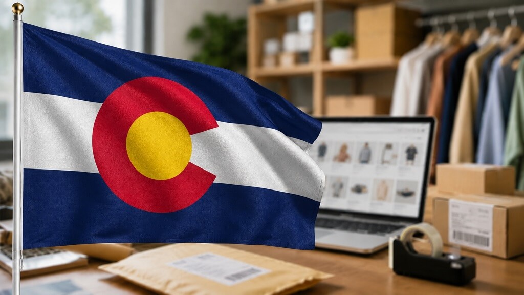 Colorado flag in an ecommerce office scene