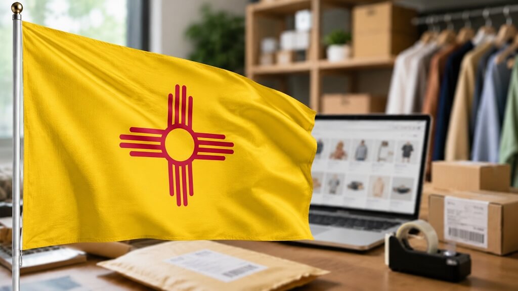 New Mexico flag with a laptop and shipping boxes