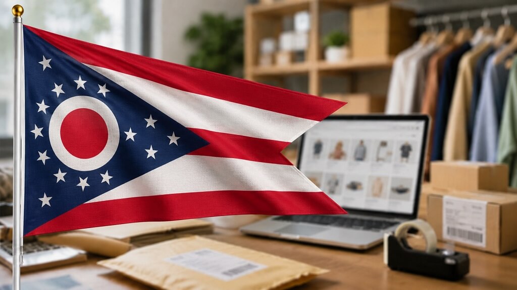 Ohio flag with packages and an online store screen