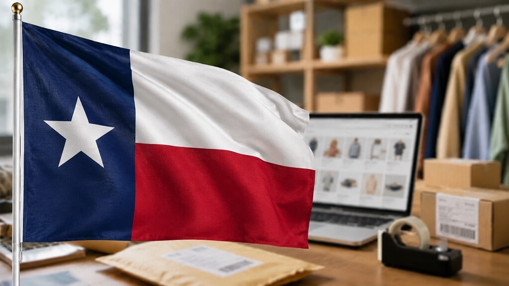 Texas flag with ecommerce tools and shipping boxes