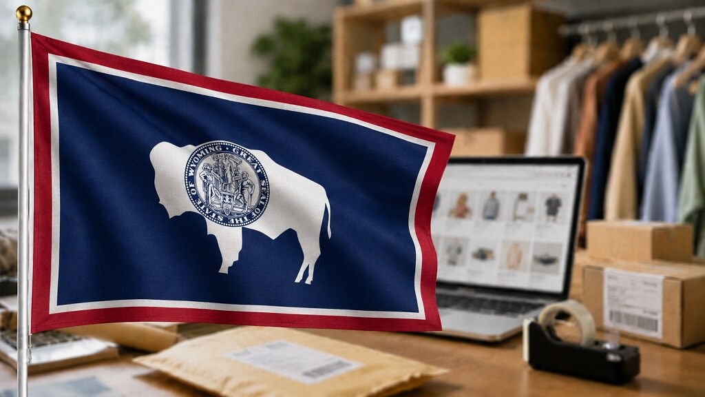 Wyoming flag in an ecommerce workspace